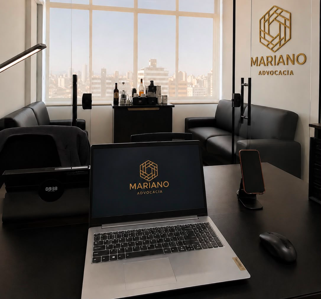 Peça física com o símbolo da marca Mariano Advocacia sobre a mesa do escritório